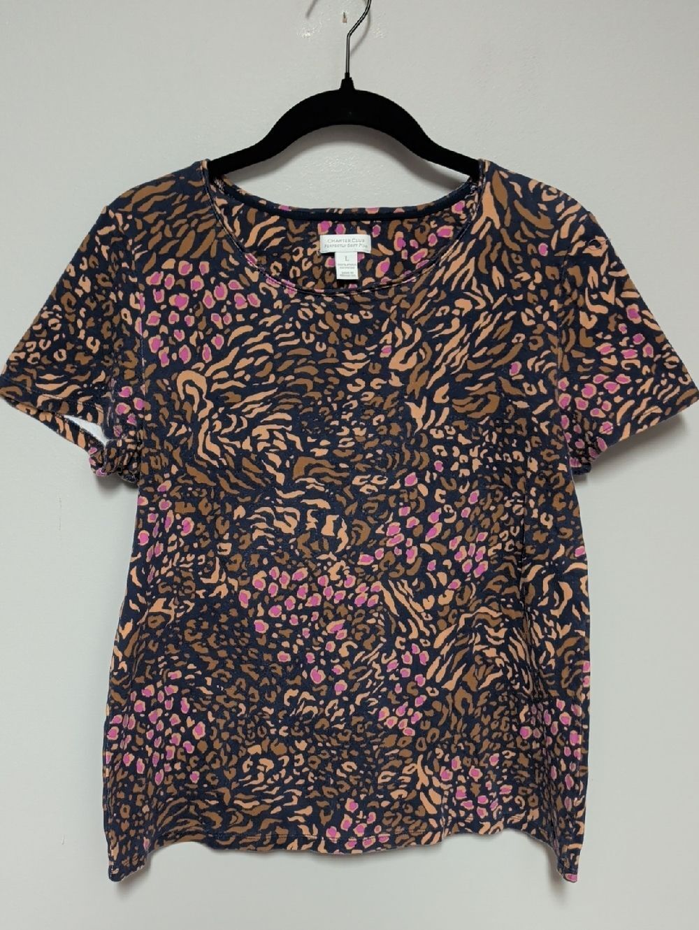 Charter Club Navy Tee with Tan Animal Print and Pink Spots